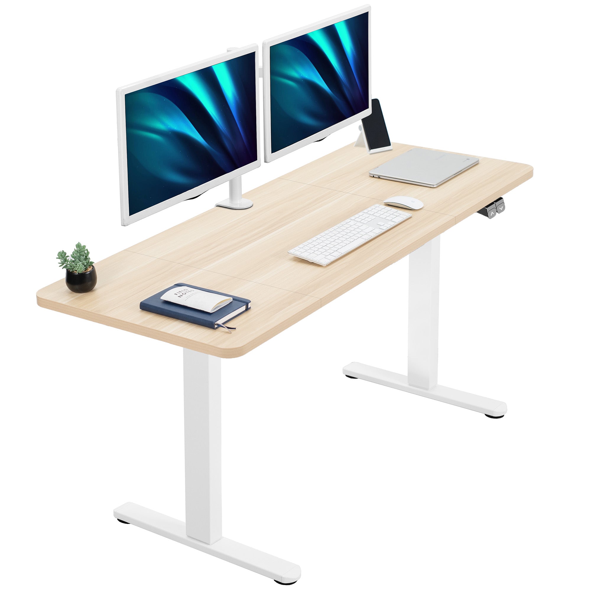 Light Wood desk with two computer monitors, keyboard, and mouse on a white background