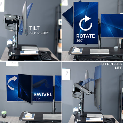 42 inch height adjustable desk riser with articulating mechanical dual monitor mount.