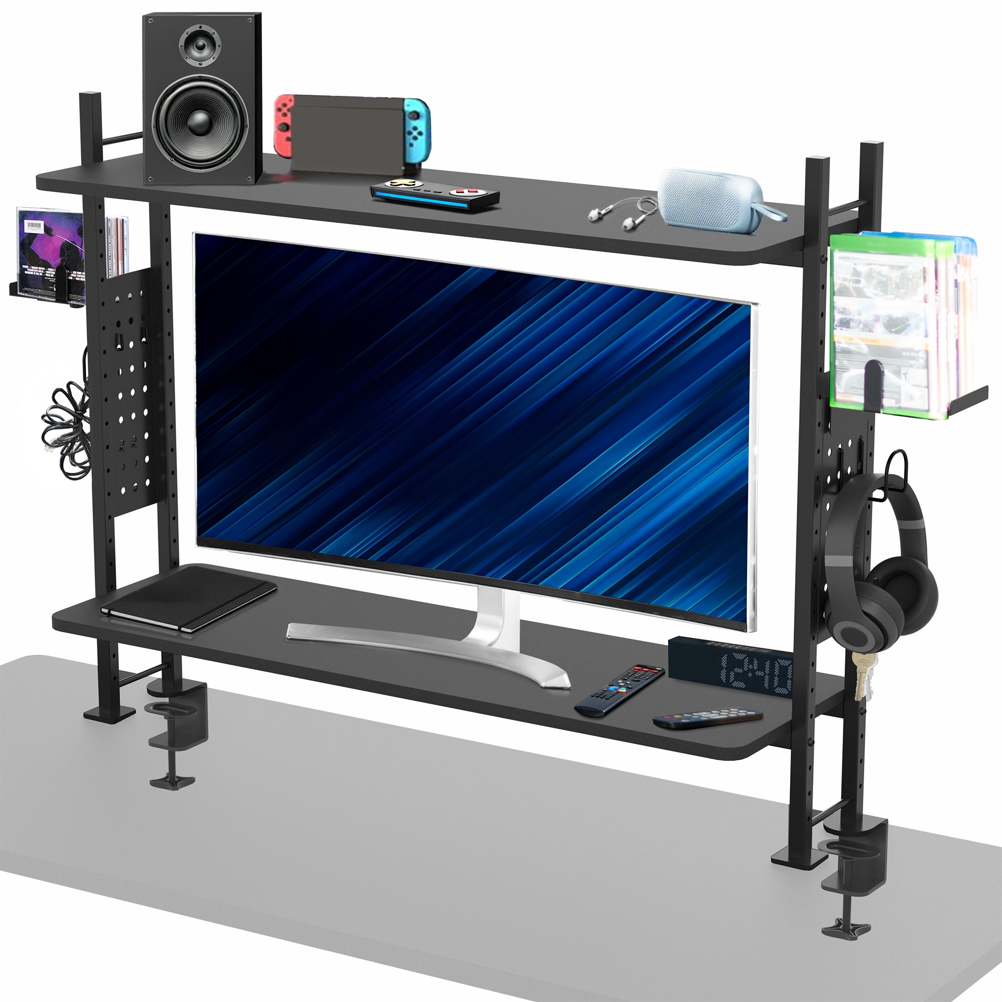 Large clamp-on adjustable shelving system for storage, organization, or gaming.