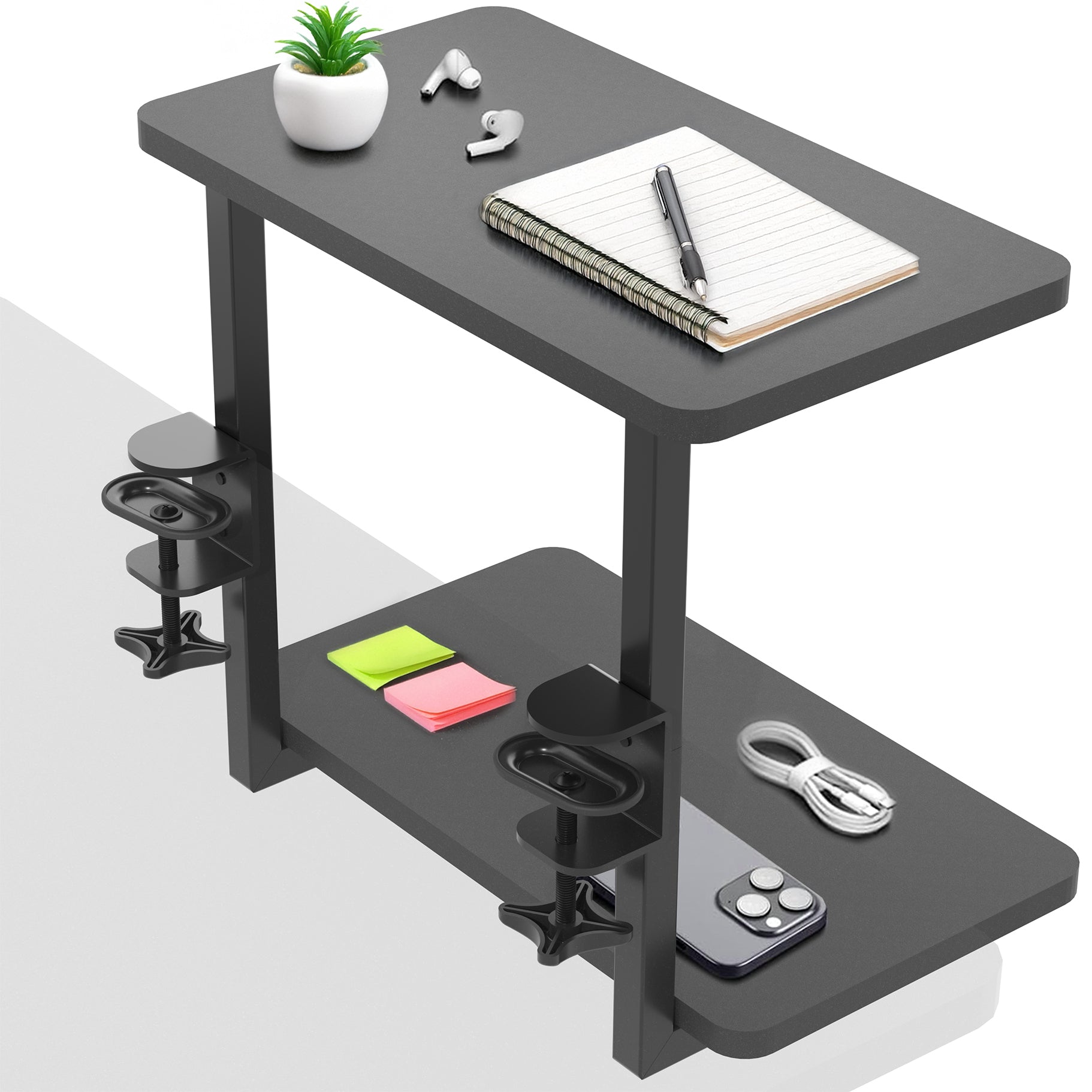 Above or below desk dual tier adjustable shelving system for flexible desk organization using convenient clamp-on storage. This versatile two-platform product can be arranged in multiple configurations to suit your workspace needs and aesthetic preferences.