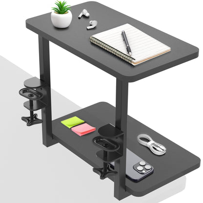 Above or below desk dual tier adjustable shelving system for flexible desk organization using convenient clamp-on storage. This versatile two-platform product can be arranged in multiple configurations to suit your workspace needs and aesthetic preferences.