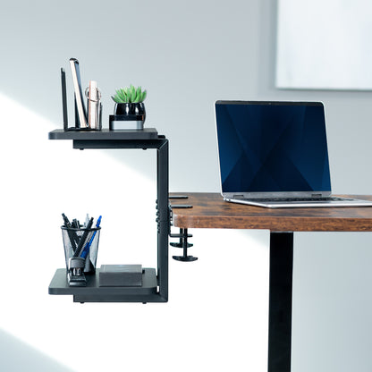 Above or below desk dual tier adjustable shelving system for flexible desk organization using convenient clamp-on storage. This versatile two-platform product can be arranged in multiple configurations to suit your workspace needs and aesthetic preferences.