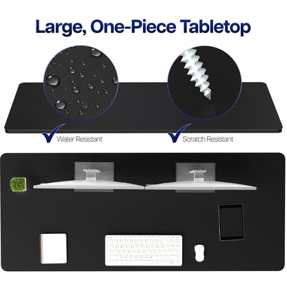 Black one-piece tabletop with water and scratch resistance features, showing a desk setup.