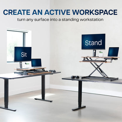Heavy-duty, rustic, height adjustable desk converter monitor riser with 2 tiers.