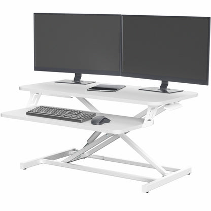 Heavy-duty height adjustable desk converter monitor riser with 2 tiers.