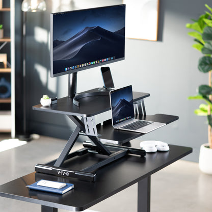 Electric Motor Desk Converter, Height Adjustable Riser, Sit to Stand Dual Monitor and Laptop Workstation with Wide Keyboard Tray