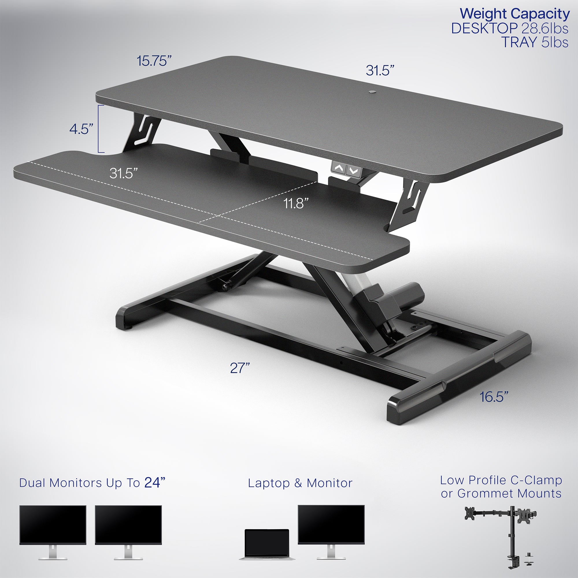 Electric Motor Desk Converter, Height Adjustable Riser, Sit to Stand Dual Monitor and Laptop Workstation with Wide Keyboard Tray