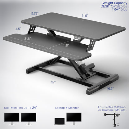 Electric Motor Desk Converter, Height Adjustable Riser, Sit to Stand Dual Monitor and Laptop Workstation with Wide Keyboard Tray