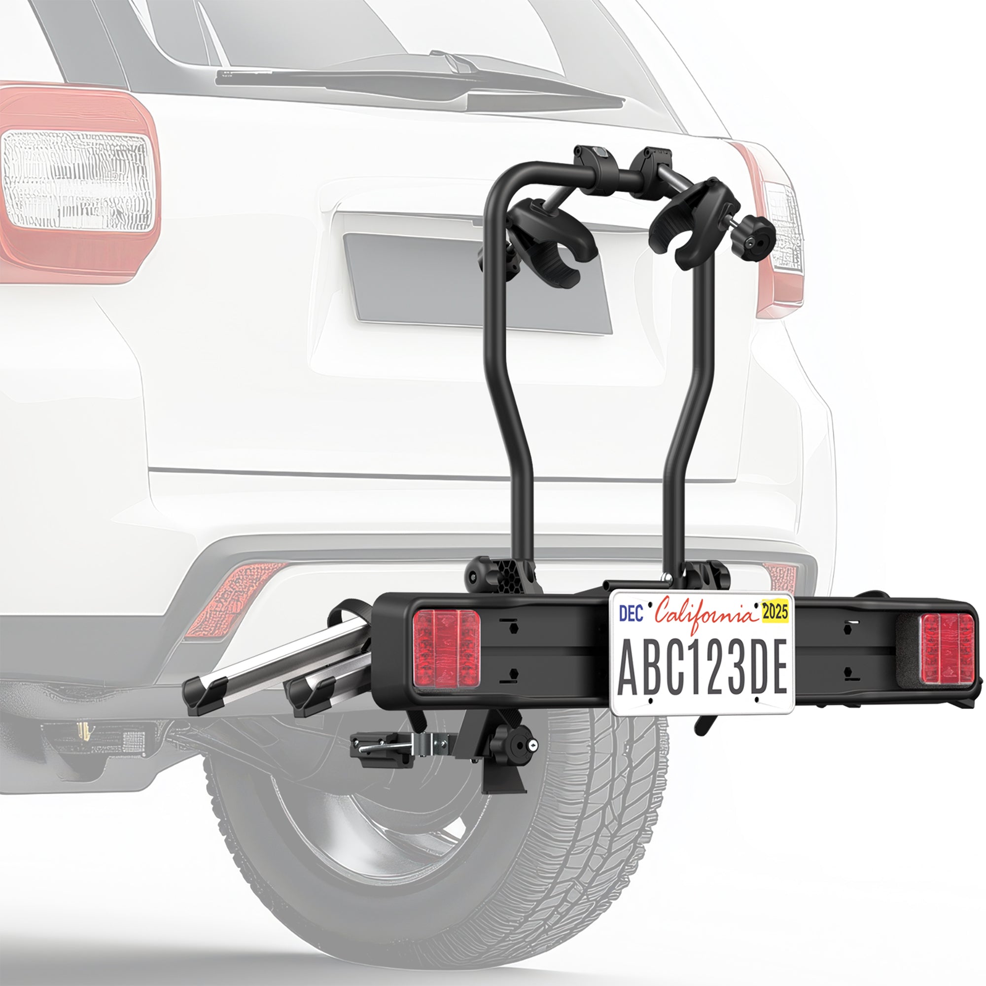 A black hitch bike rack with taillights and a license plate holder attached to the rear of a vehicle.