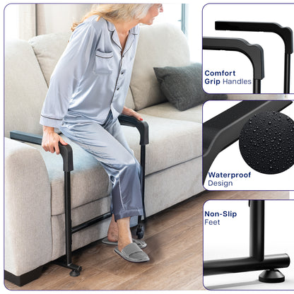 Woman using a mobility aid to get up from a couch with product features highlighted.