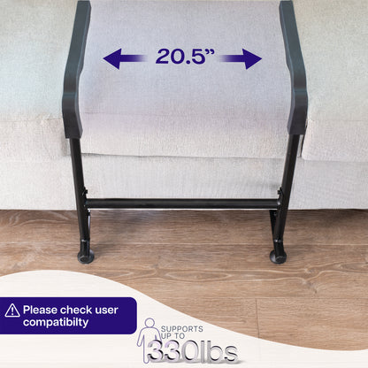 Stand assist bar with dimensions labeled and weight capacity text on a wooden floor.