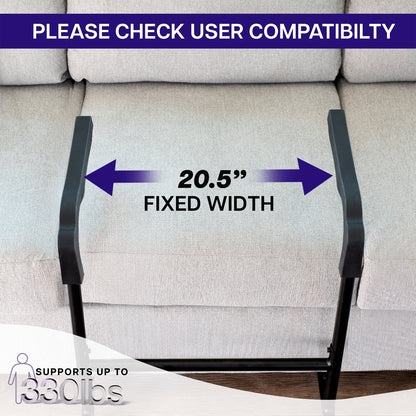 Stand assist bar with dimensions labeled and weight capacity text on a wooden floor.