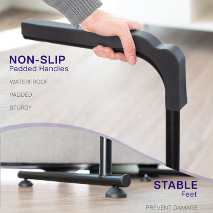 Hand holding an arm of stand assist bar with text highlighting features.