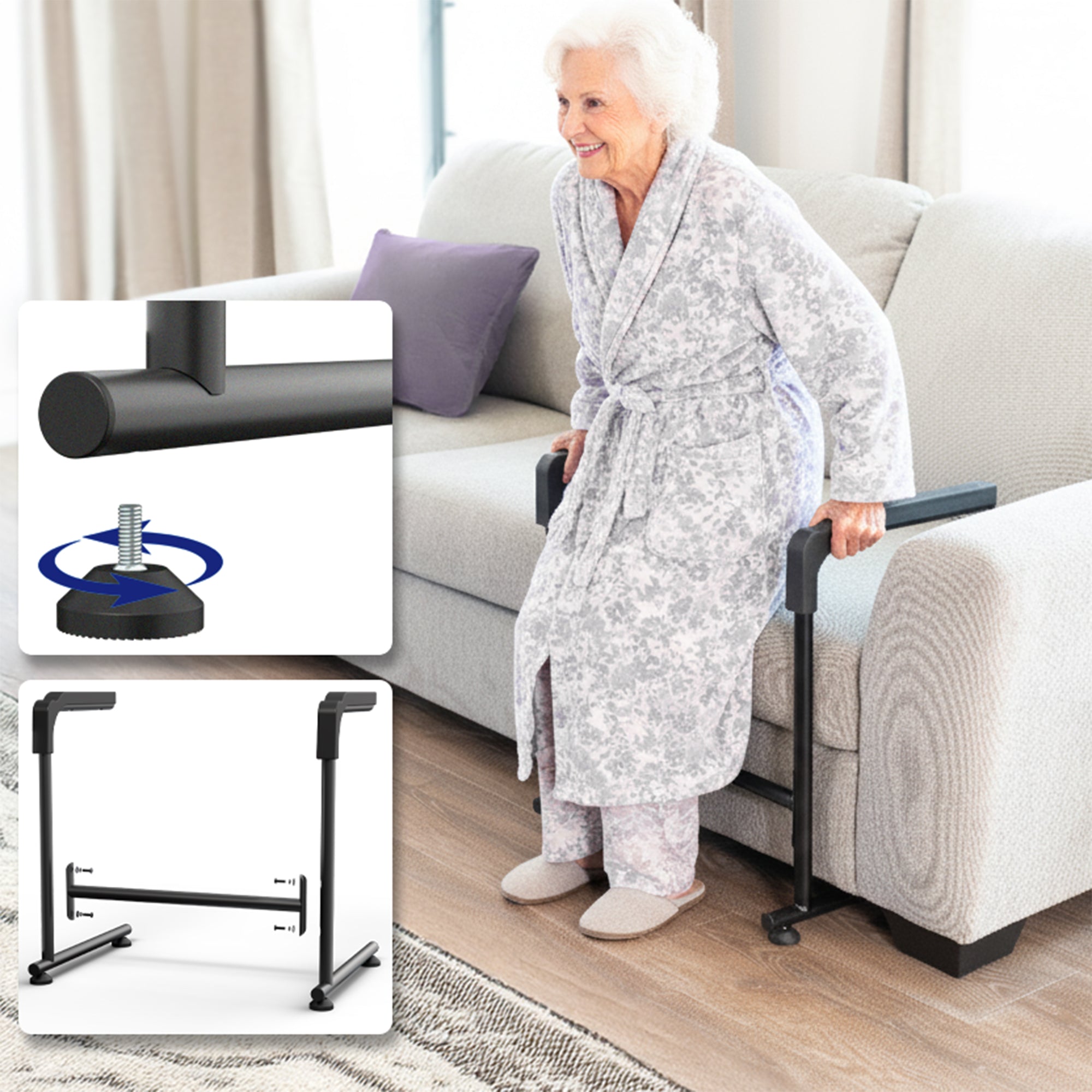 Woman using a standing aid next to a sofa with close-up insets of the product components.