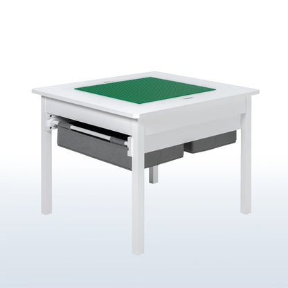 Kids' play table for Lego building bricks with reversible building base top and two pull-out drawers.