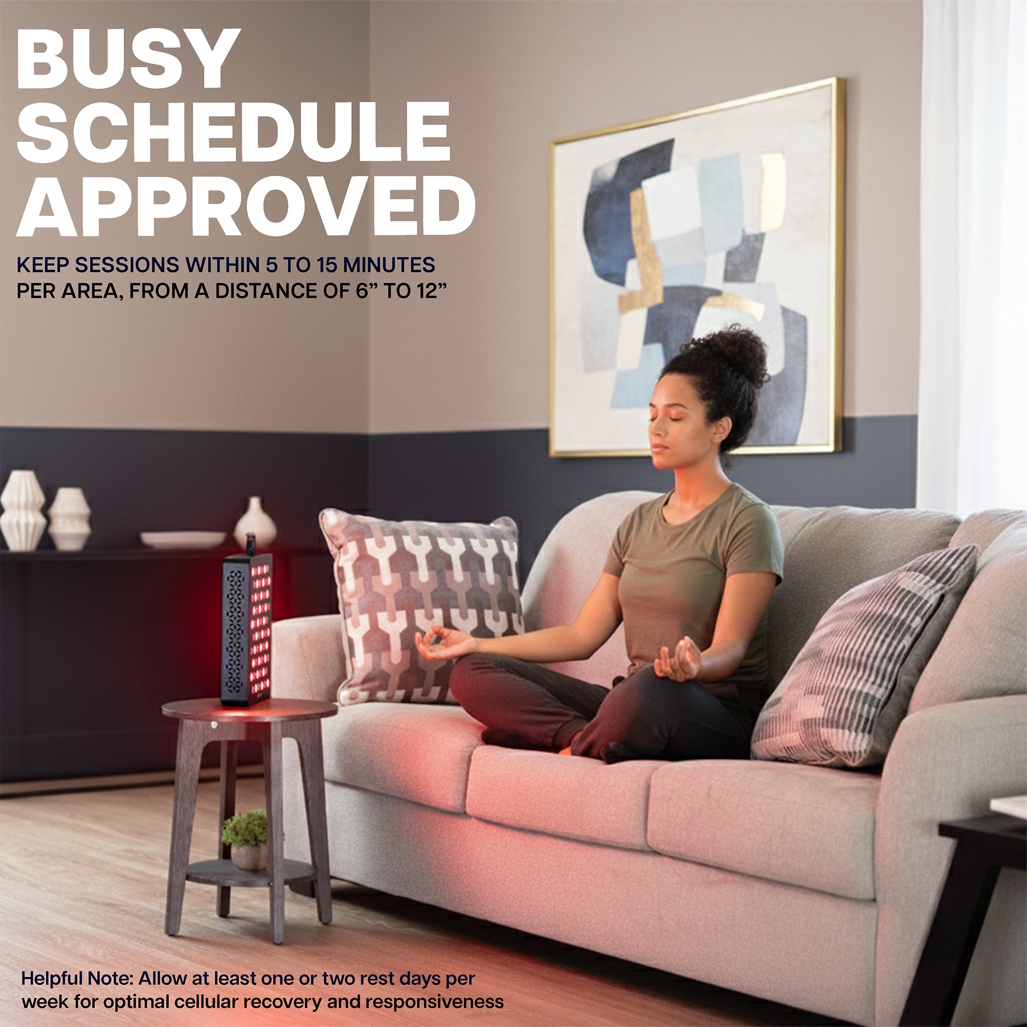 Woman meditating on a couch with Red Light Therapy device with text about a 'Busy Schedule Approved' product.