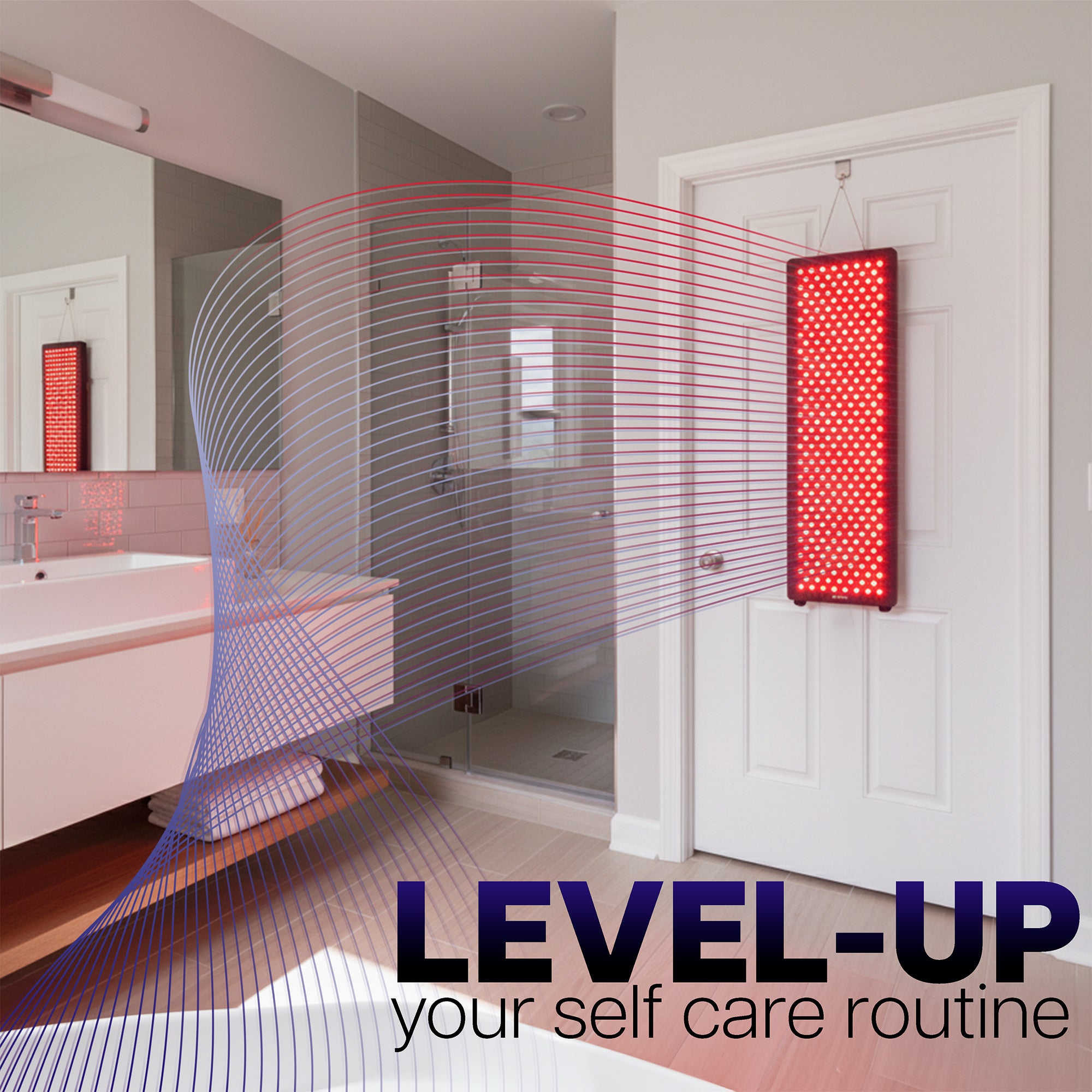 Modern bathroom with a red light device on a white door, promoting self-care.