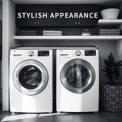 Modern black marble washer / dryer countertop with safety lip to create surface space for convenient storage and organization.