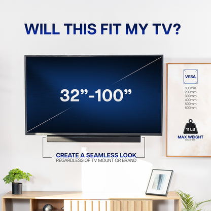 TV screen with a Soundbar TV Mount text asking if an item will fit, surrounded by a home decor setting.