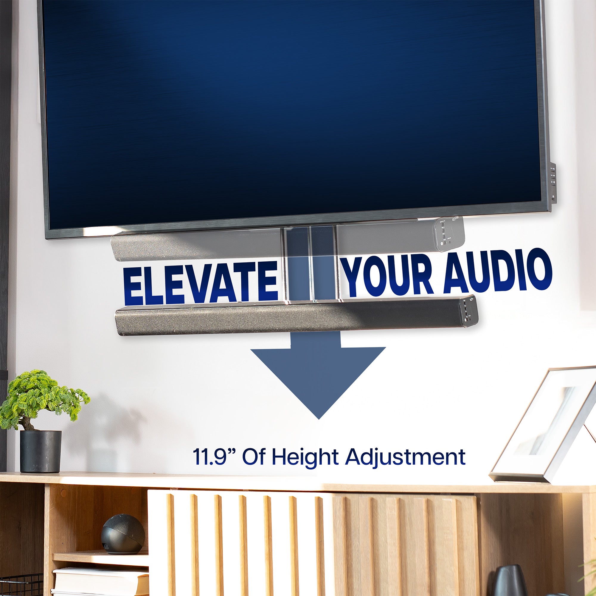 Soundbar TV Mount with height adjustment feature labeled 'Elevate Your Audio' in a home office setting.