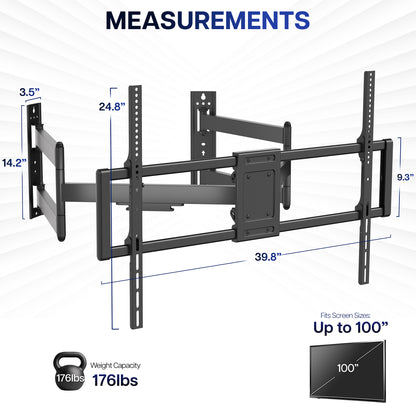 Measurement chart of a large TV wall mount with dimensions and capacity details.