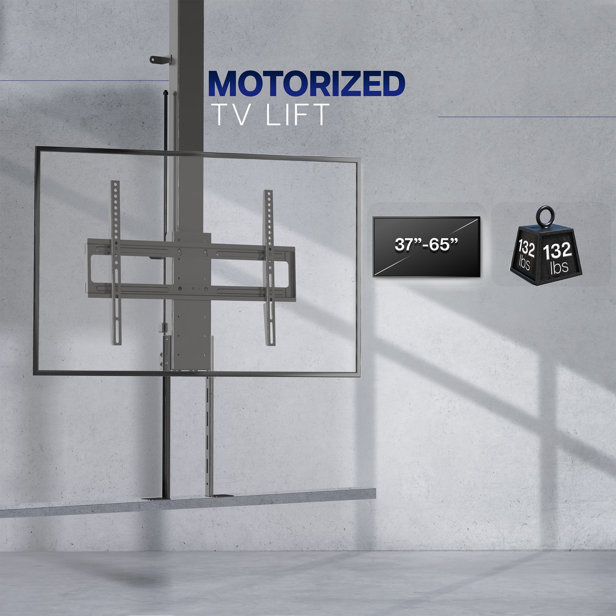 drop down ceiling tv mount display and weight capacity indicators on a gray background