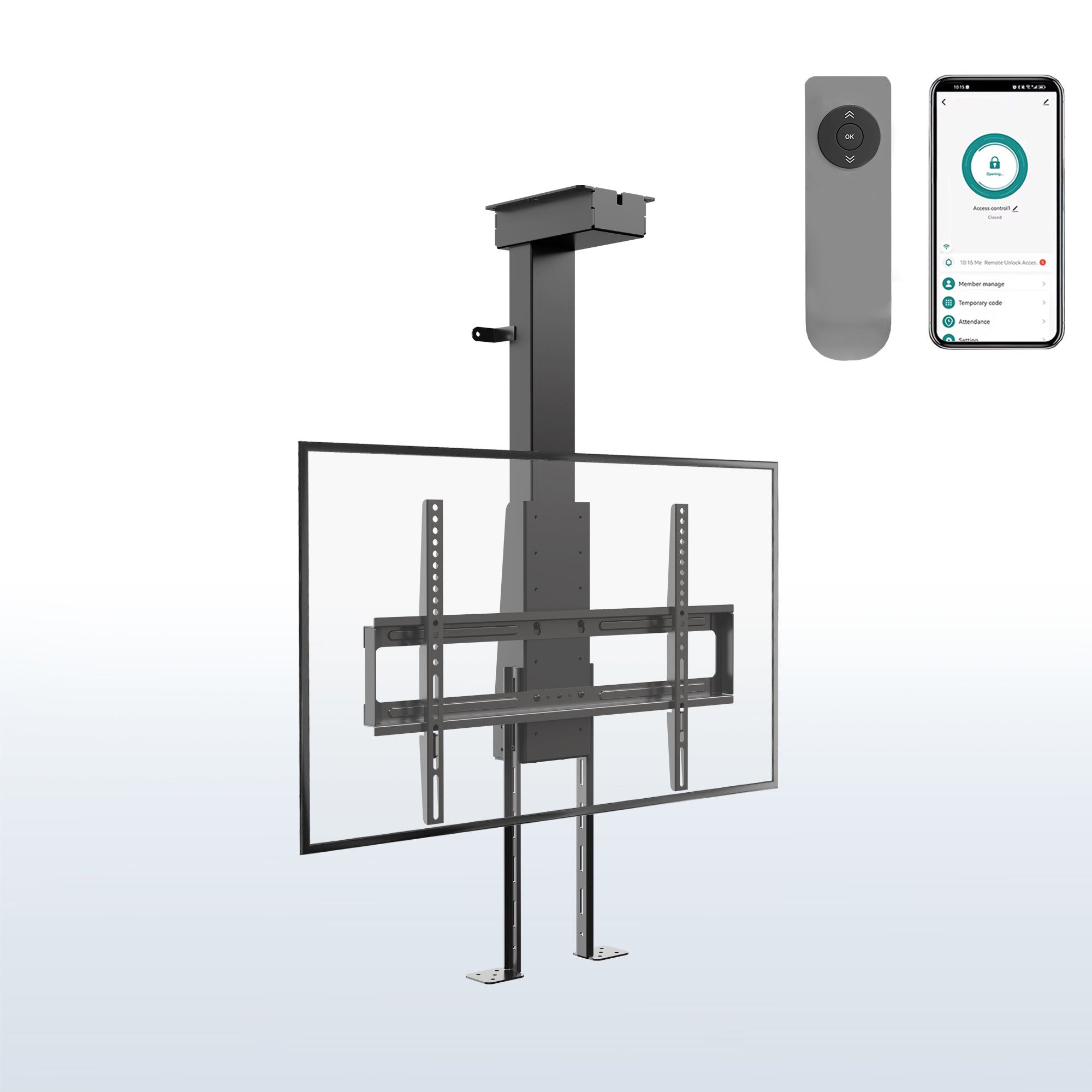 TV drop down mount with a screen, remote control, and smartphone app on a white background