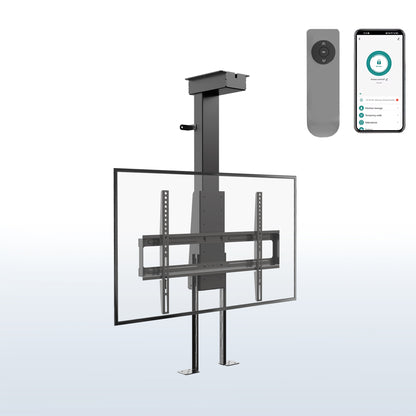 TV drop down mount with a screen, remote control, and smartphone app on a white background