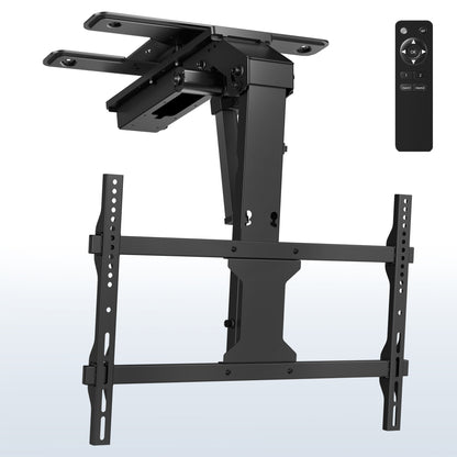 A black electric flip down/swivel ceiling TV mount with a remote control.