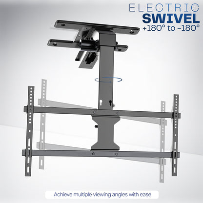 Electric swivel Ceiling TV mount with full motion capability on a light gray background