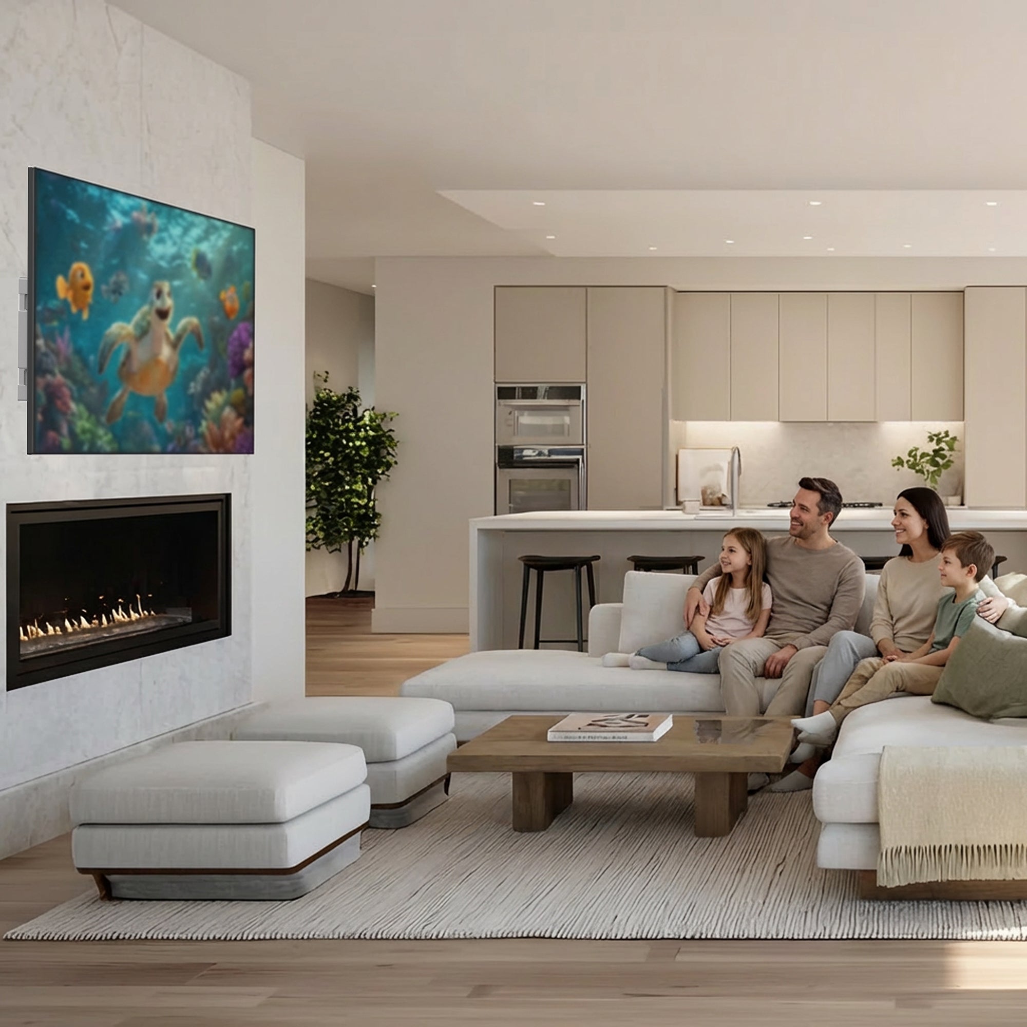 Modern living room with family sitting on a couch, TV mounted above fireplace, showing a movie, and kitchen in the background.
