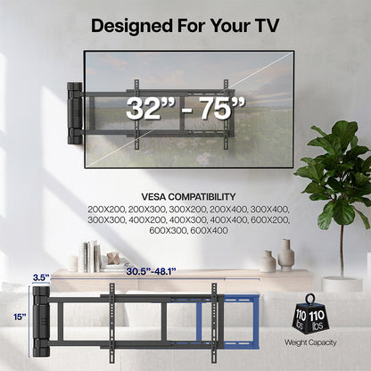 TV wall mount with size and compatibility information on a white wall.