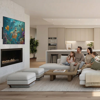 Modern living room with family sitting on a couch, TV mounted above fireplace, showing a movie, and kitchen in the background.