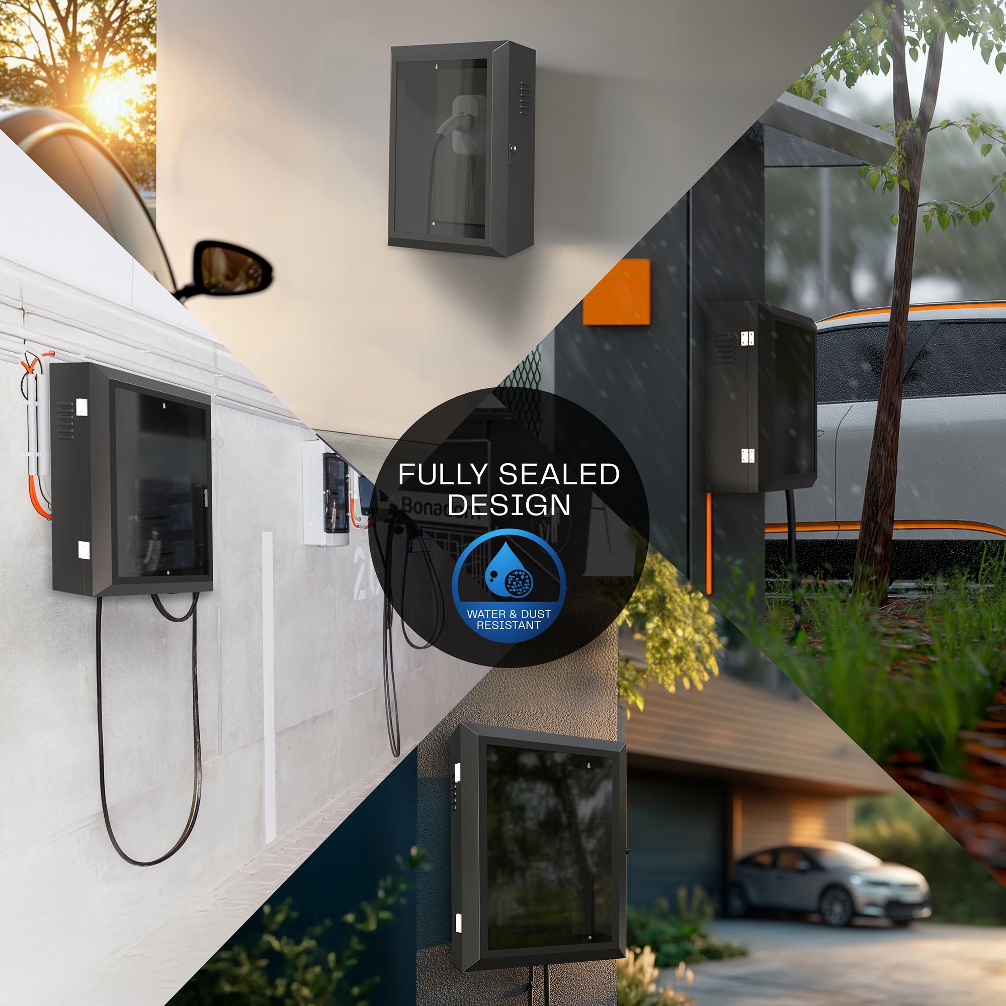A black EV charger box with a glass door and a lock, accompanied by a key and a remote control.
