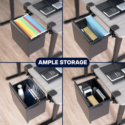 Desk with a storage compartment, filing cabinet showing various items and labeled 'AMPLE STORAGE'.