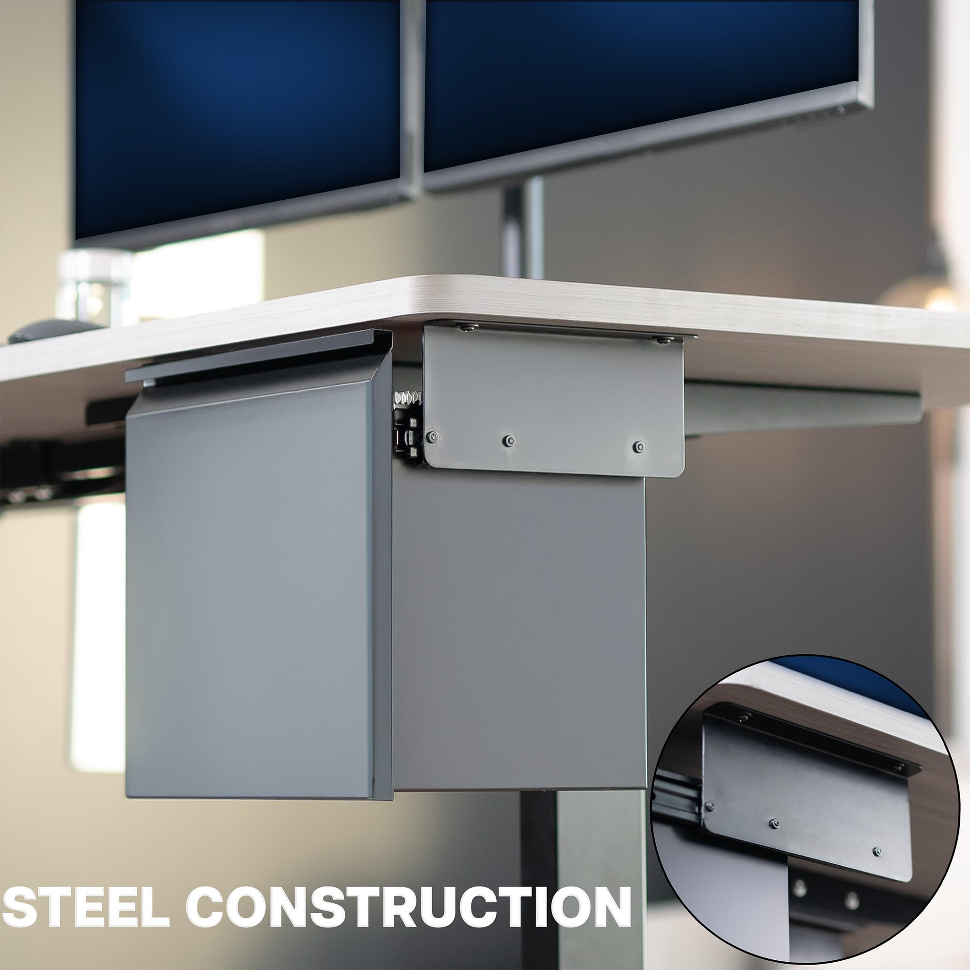 Close-up of metal bracket of an under desk filing cabinet made with steel construction 