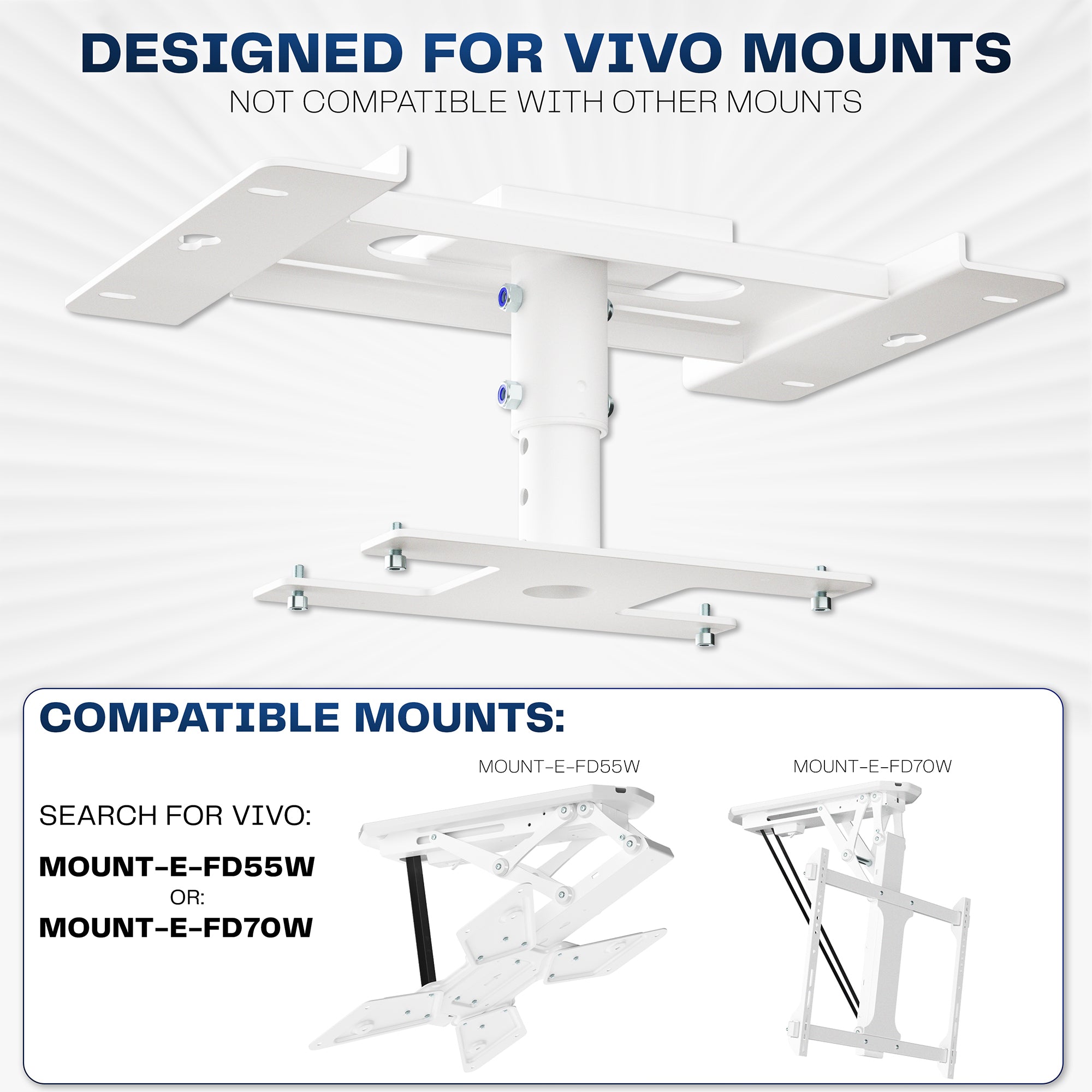 TV mount system for drop ceilings with compatible Vivo TV mounts on a white ceiling background.