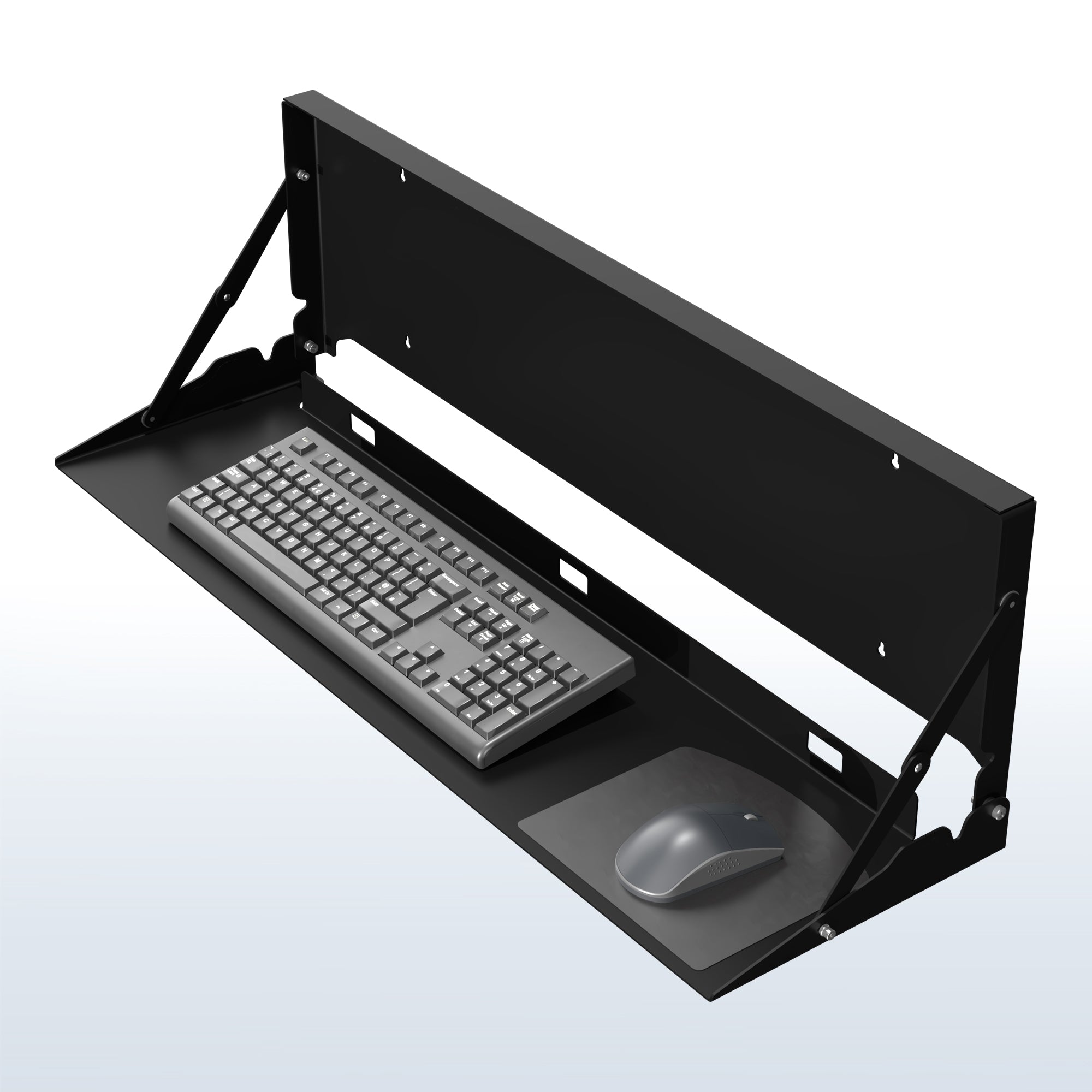 Large black wall-mounted flip down keyboard tray platform. Low profile design folds up and out of the way when not in use. Velcro included to keep keyboard in place. Fits a standard-sized keyboard and mouse (mouse pad included). Mount to drywall, wood studs, brick, or concrete.