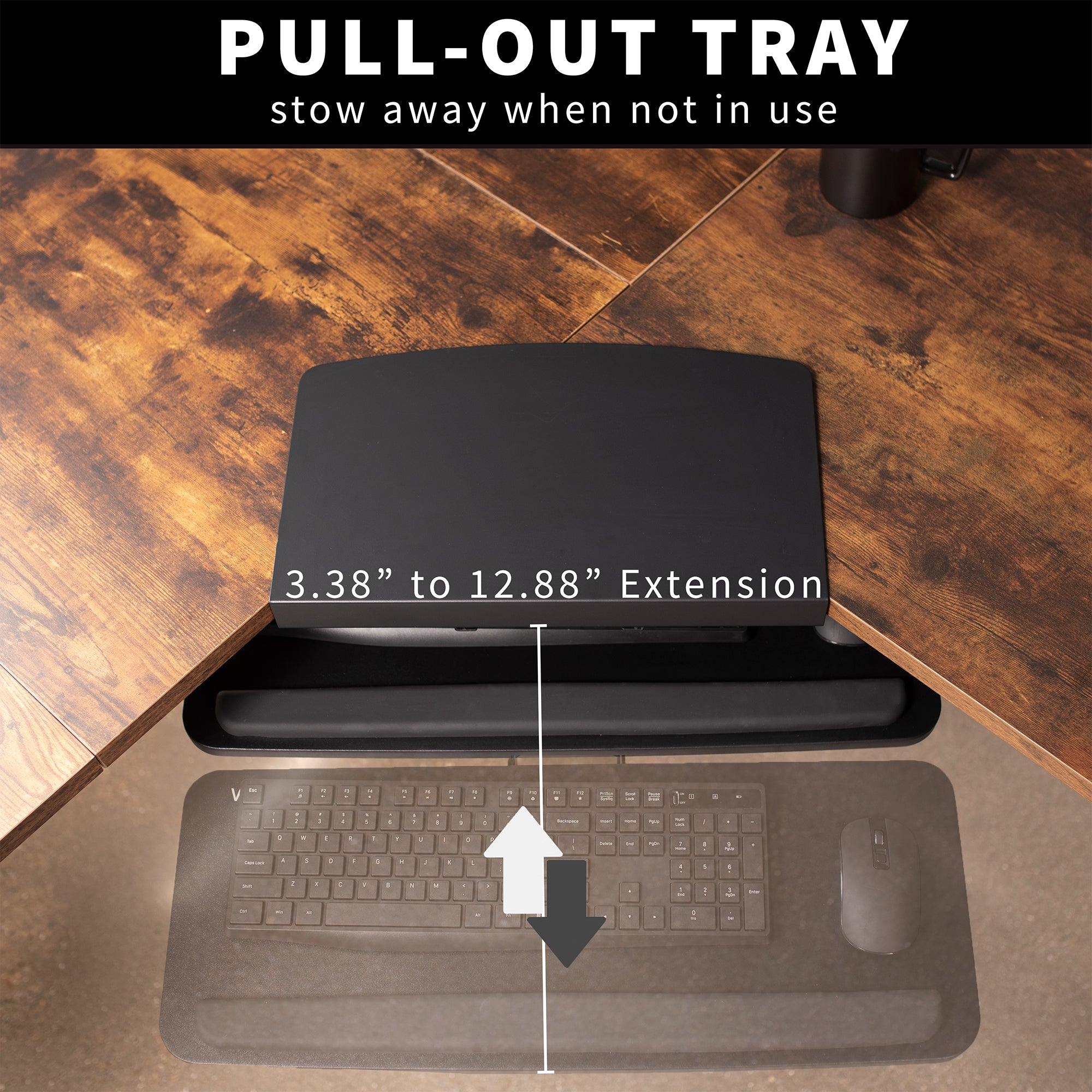 Pull-out keyboard tray that can be stowed away when not in use. 