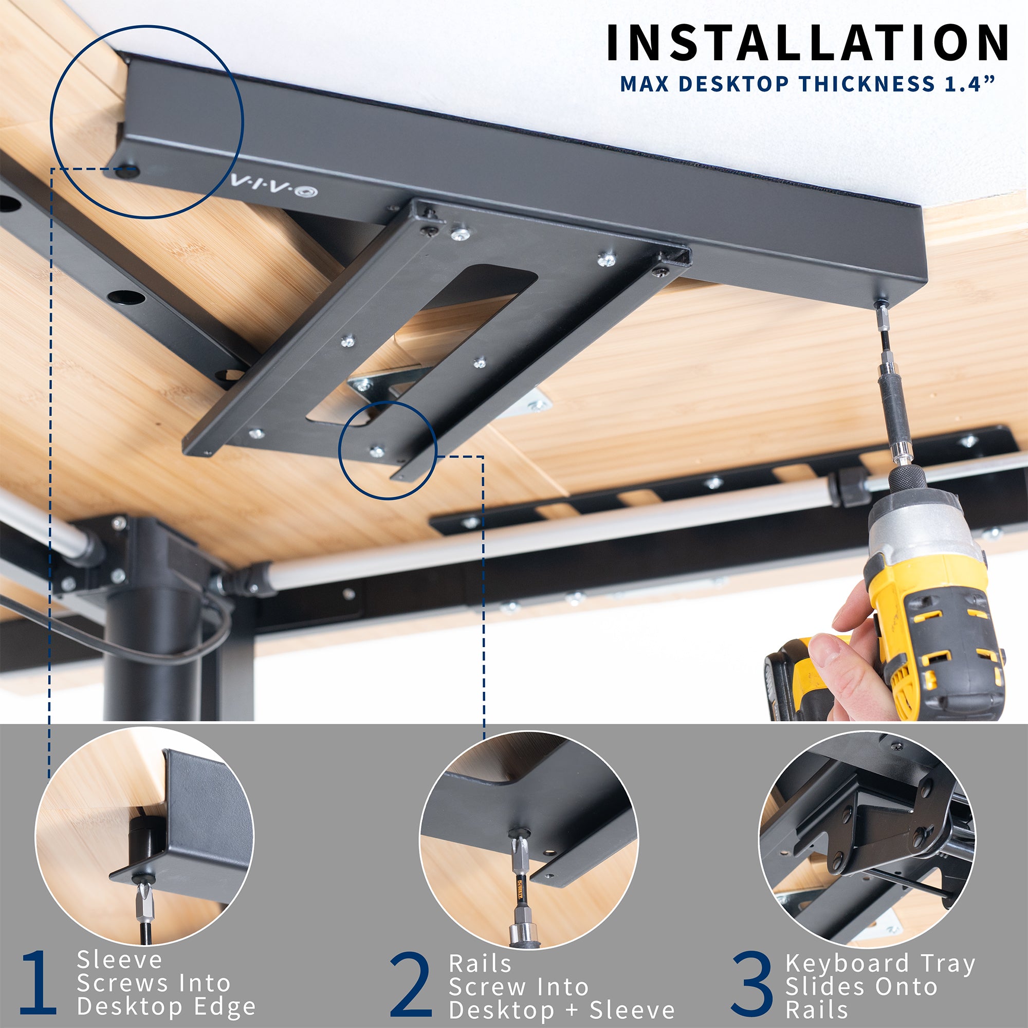 Installation process for adjustable computer keyboard and mouse platform  tray with corner connector.