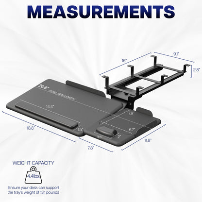 Measurement of keyboard tray with dimensions and weight capacity on a white background.