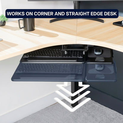 Keyboard tray on a desk with text indicating it works on corner and straight edge desks.