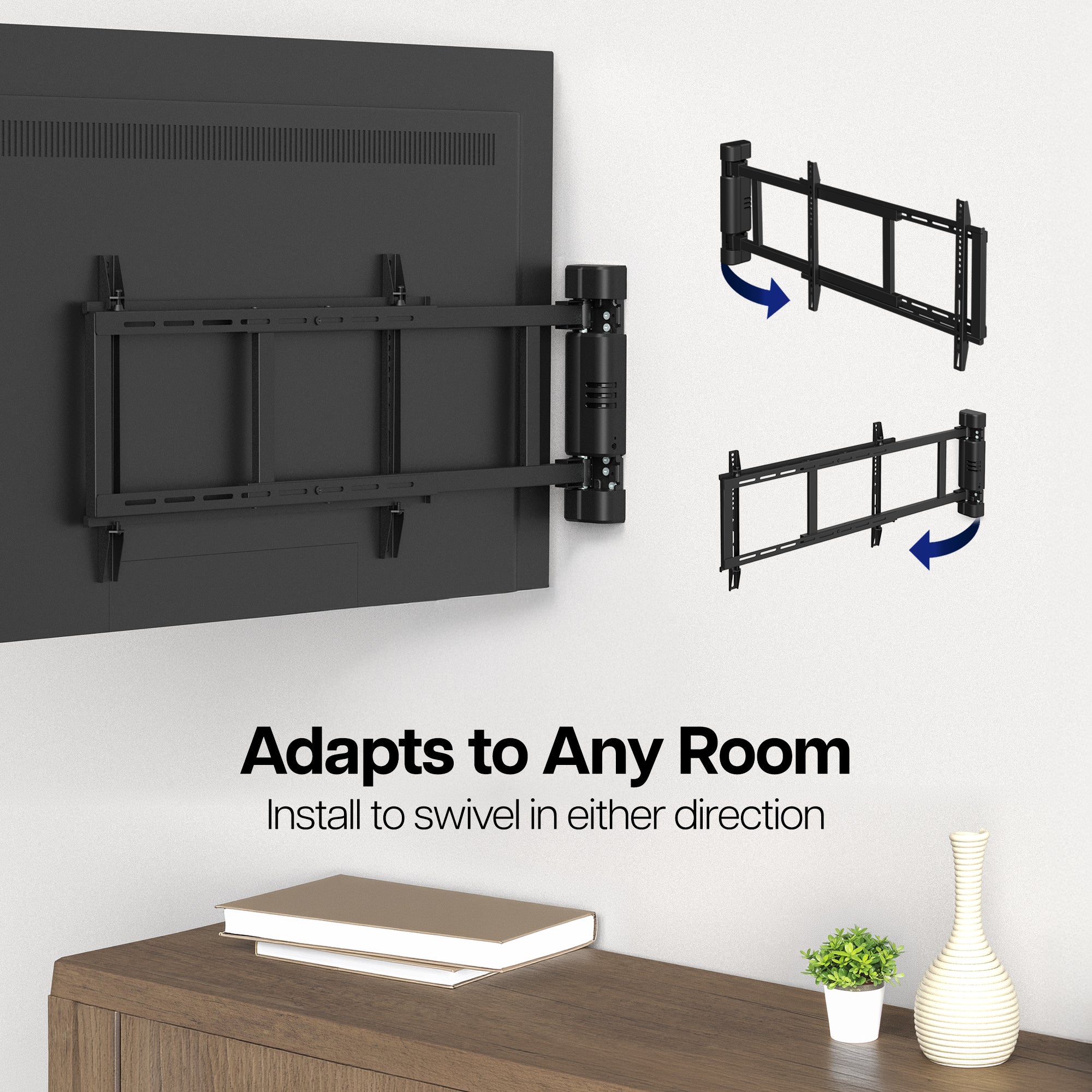 Swing Wall Mount for 32” to 75” TVs with swivel feature on a white wall above a wooden table.