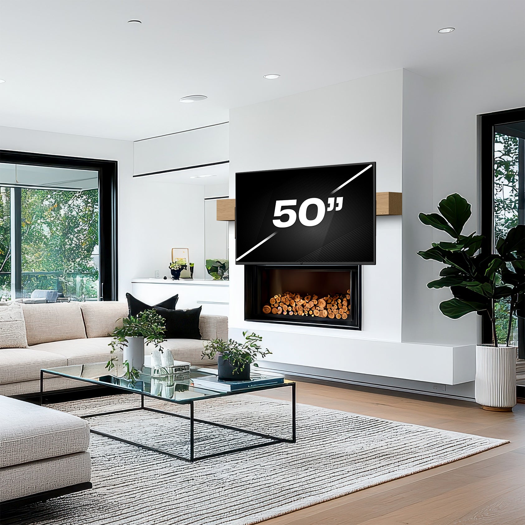 Fireplace Mantel TV Mount for 32" to 50" TVs mounted on mantel in modern living room space