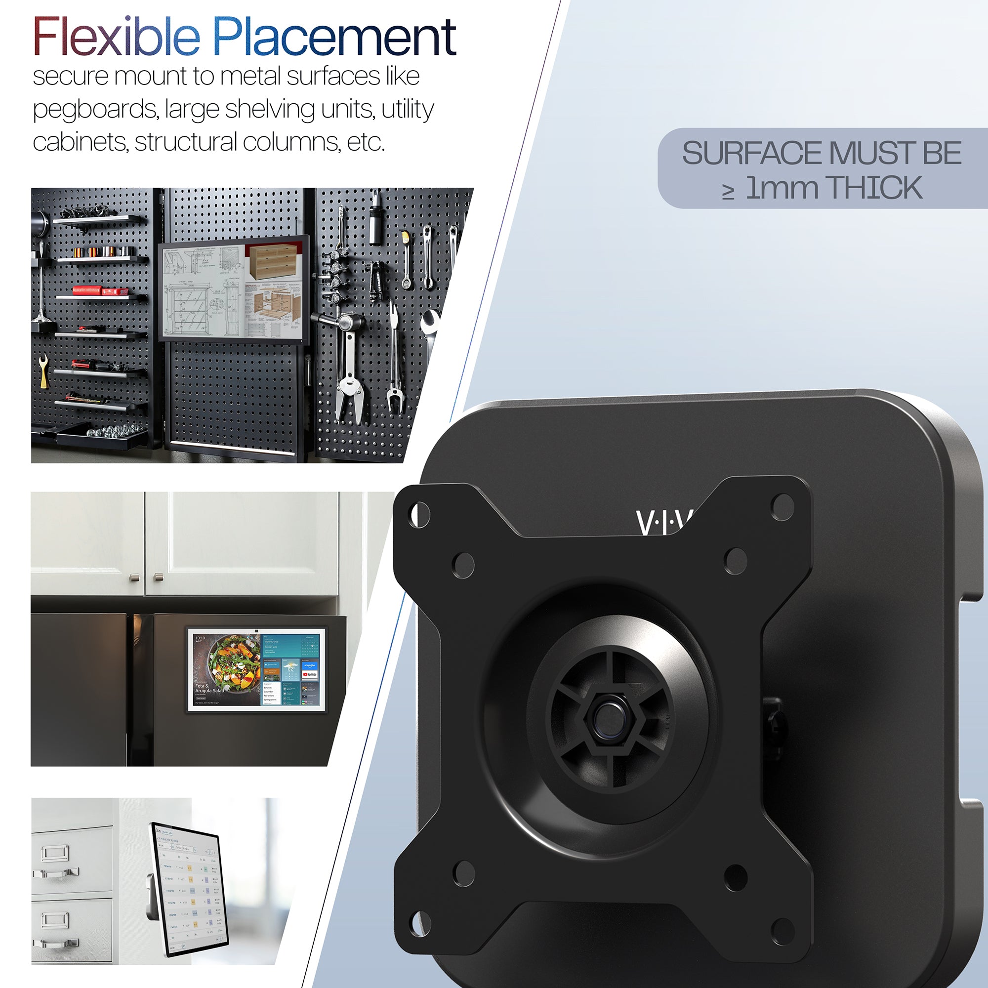 Black metal bracket with different placements on various surfaces. 