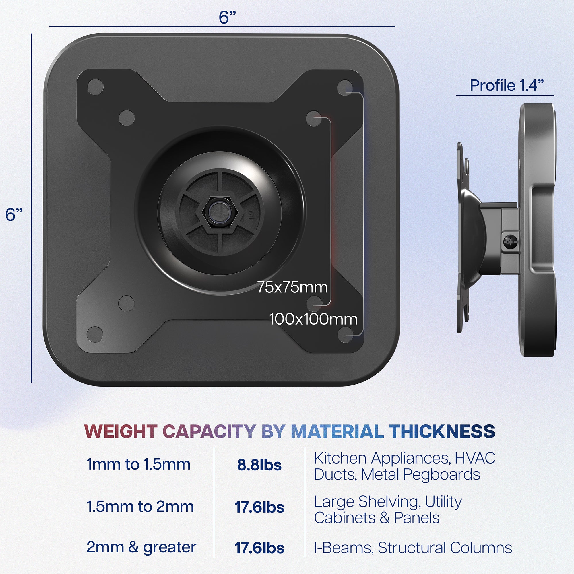 Black metal bracket with measurement text on a white background. 