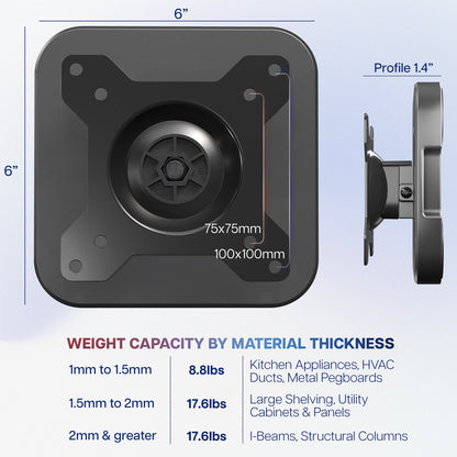 Black metal bracket with measurement text on a white background. 