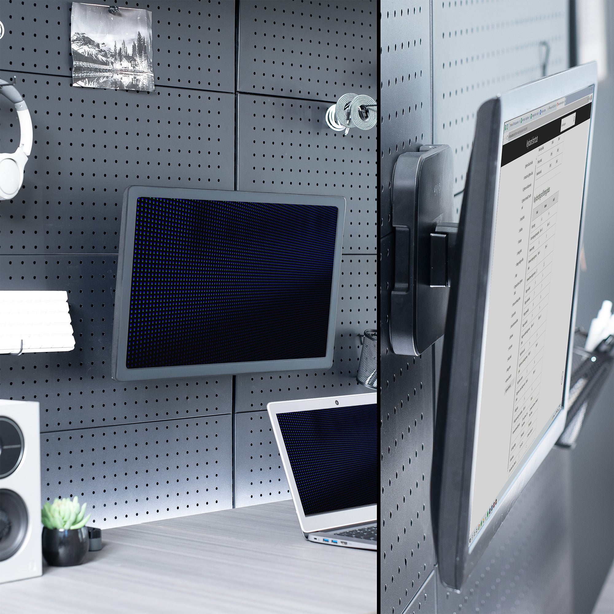 Black metal bracket with a monitor mounted to it on a pegboard wall. 