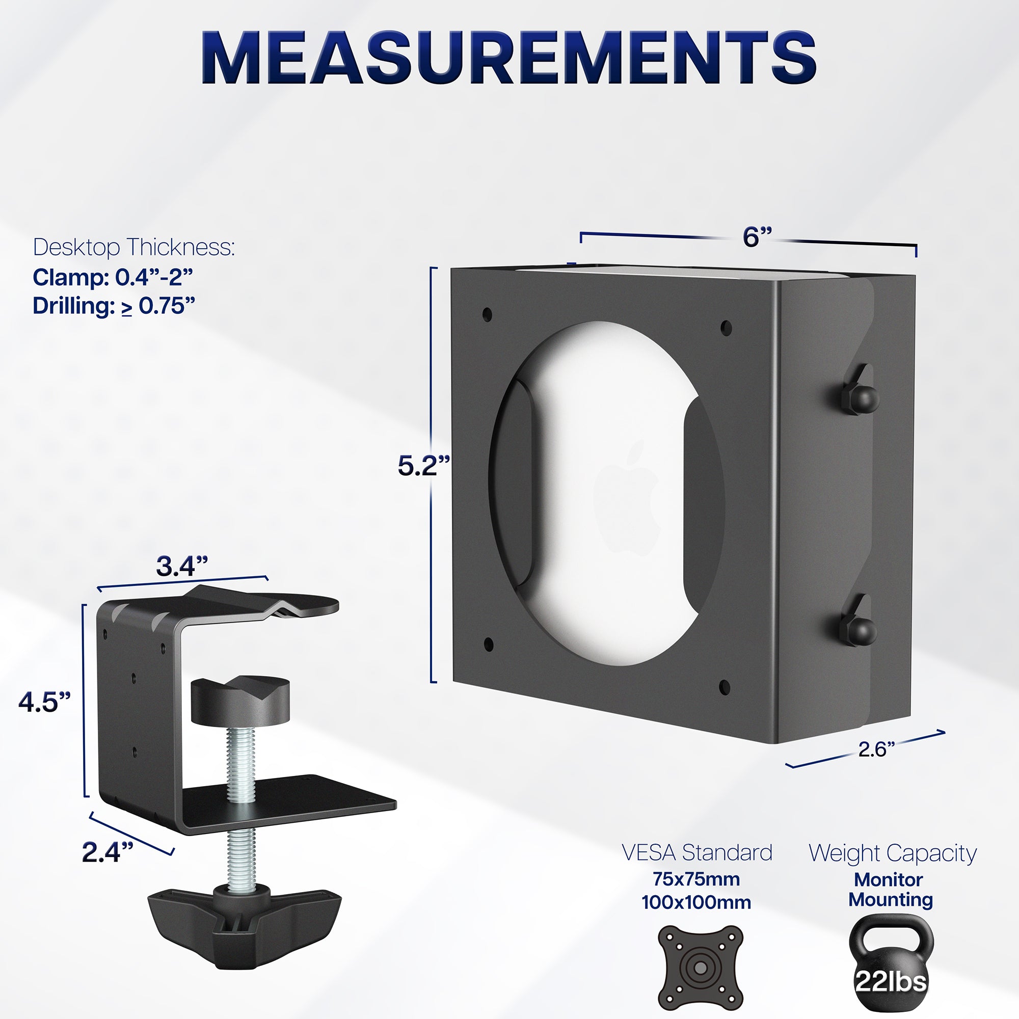 Measurement chart for a monitor mounting bracket with dimensions and specifications.