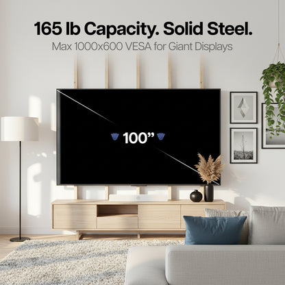 Large TV screen in a living room mounted on a TV Wall Mount with text about weight capacity and VESA size.